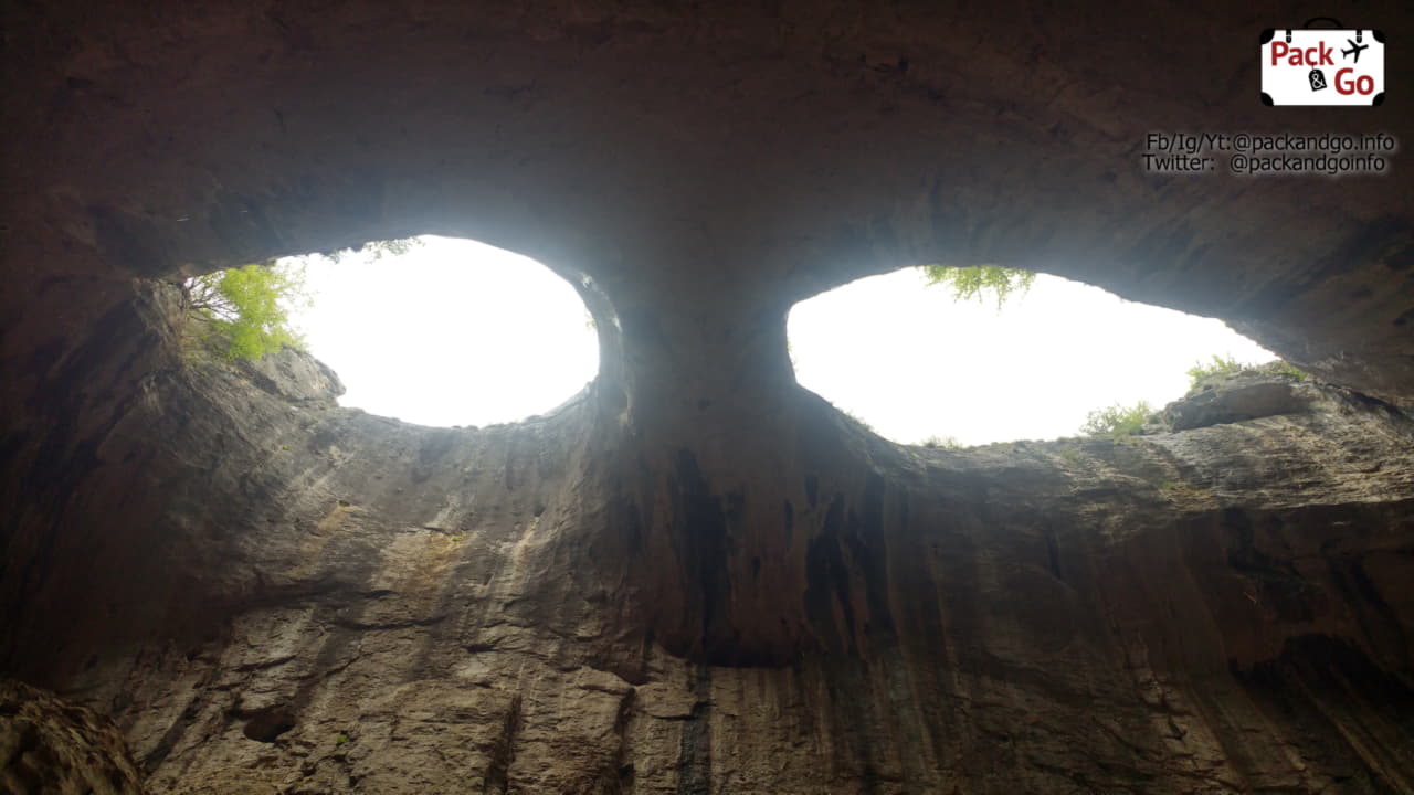 Two holes, on the ceiling of a cave