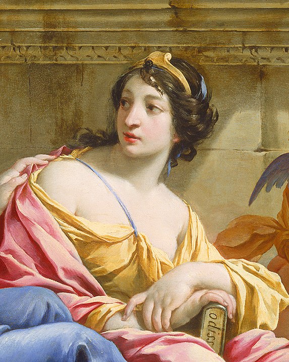 Detalhe da musa Callíope no quadro The Muses Urania and Calliope