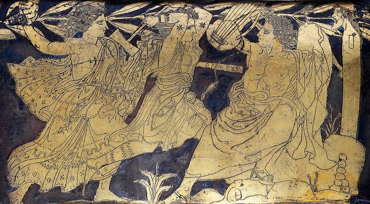 The Death of Orpheus, detail from a silver kantharos, 420–410 BC, part of the Vassil Bojkov collection, Sofia, Bulgaria.