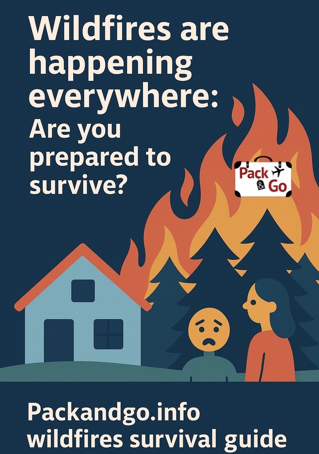 Wildfire threatening a house and family cartoonish style