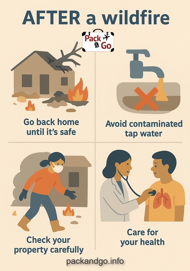 Recommended actions after a wildfire occurs, cartoonish style image